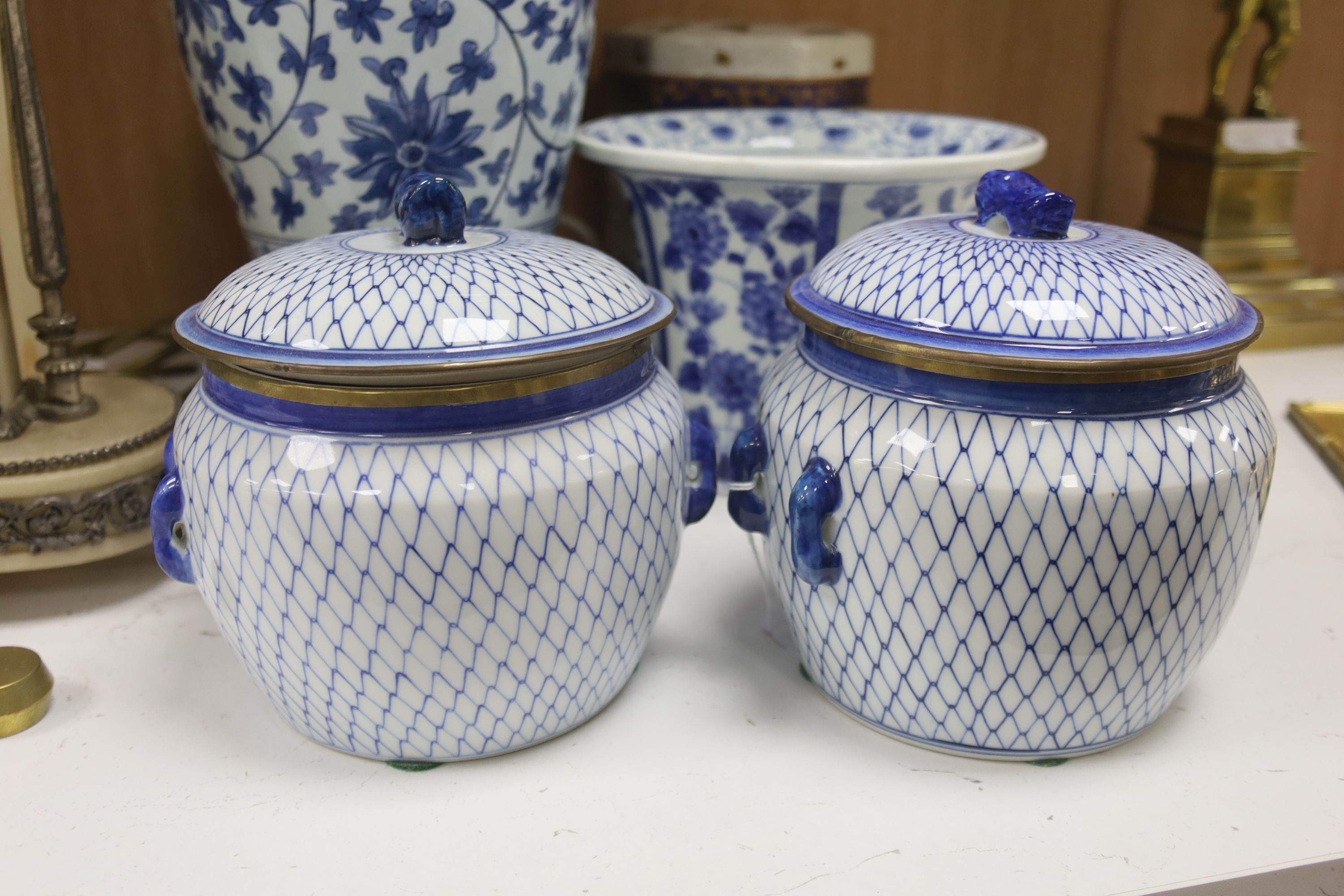 Two Chinese porcelain blue and white lamps, a similar jardinière, two bowls and covers and a hexagonal box and cover